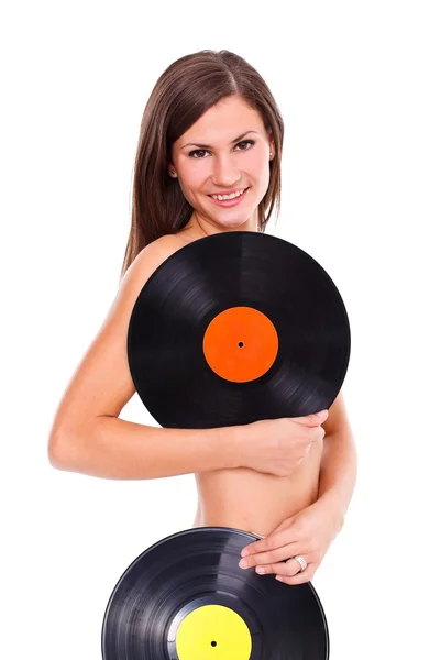 Sexy ragazza nuda in possesso di dischi in vinile — Foto Stock