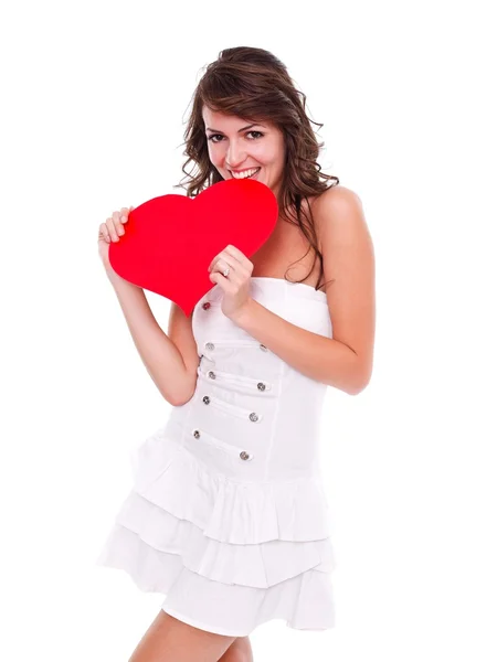 Mujer feliz con corazón rojo Fotos De Stock Sin Royalties Gratis