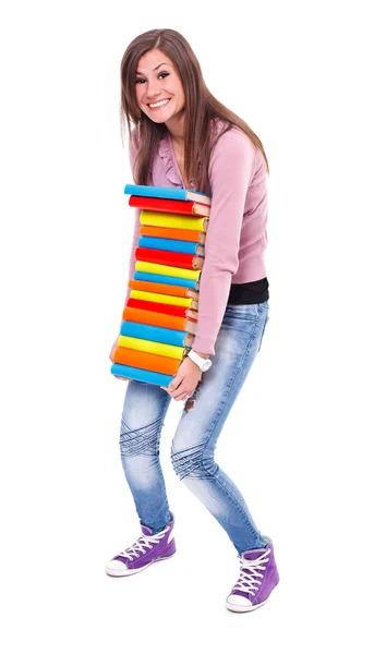 Girl holding stack of books — Stock Photo, Image
