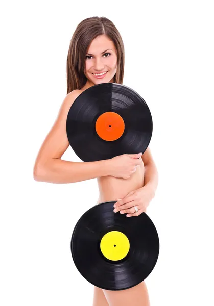 Dívka s vinyl disk — Stock fotografie