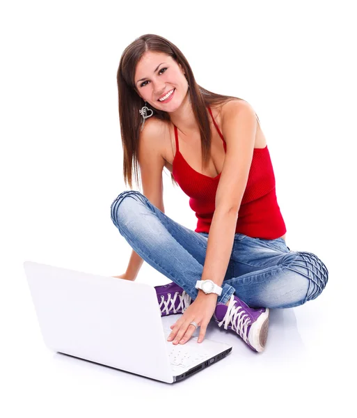 Šťastná dívka s notebookem — Stock fotografie