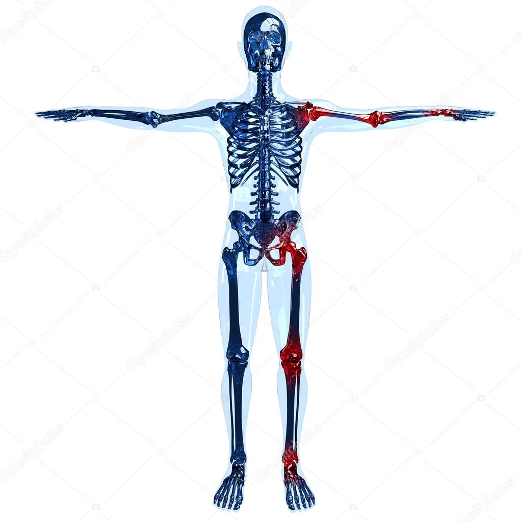 full human skeleton 3d concept with joint pain on left side stock