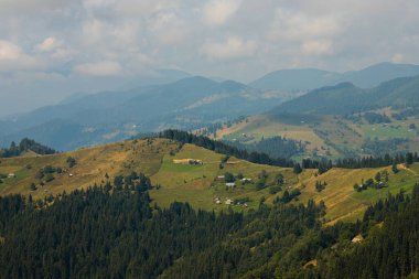 Ukrayna Karpatları 'nın dağ yamaçlarında. Dağın tepeleri ve ormanlar mavi gökyüzünün arka planında.
