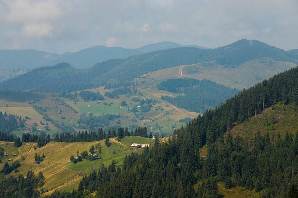 Mountain Slopes Ukrainian Carpathians Mountain Tops Forests Background Blue Sky — Stock Photo, Image