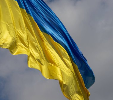 Mavi gökyüzü rüzgarda sallayarak Ukrayna bayrağı.
