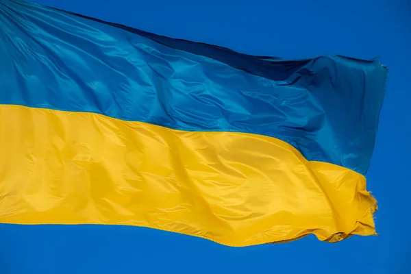 Ukrainska Flaggan Vinden Mot Bakgrund Himlen — Stockfoto