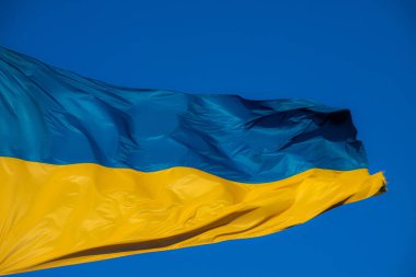 Rüzgarda savrulan Ukrayna bayrağı. Gökyüzünün arka planına karşı.