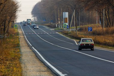 Sonbahar ağaçlarıyla kaplı bir yol. Çapraz kuluçka yol işaretleri Yolun ortasında çizgi.