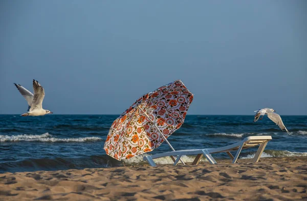 Strand Esernyő Nap Napozóágyak Strandon Szemben Kék Tenger Napozóágyak Törölközők — Stock Fotó