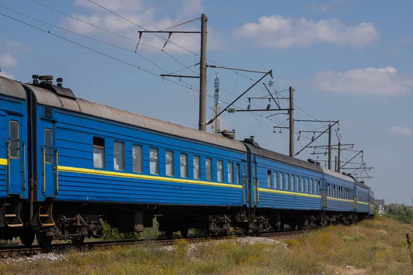 Old Blue Passenger Train Carriages Sunny Summer Day — Stock Photo, Image