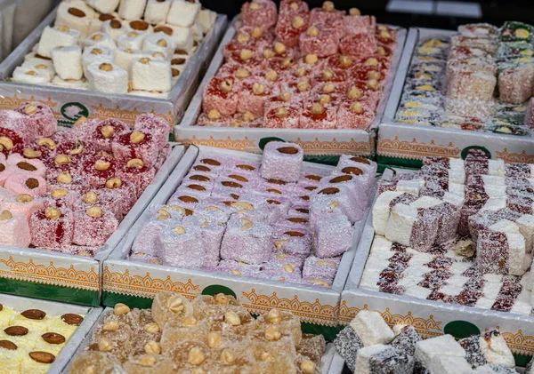 Turkish Delight Various Fillings Nuts Juice Sold Pastry Shop Various — Stock Photo, Image