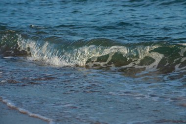 Büyük ve güçlü bir turkuaz fırtına dalgası. Beyaz köpük damlaları kıyıya vuruyor ve kırılıyor..
