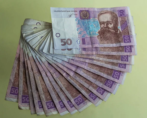 Carta Moneta Ucraina Disposta Uno Sfondo Blu Banconote Grivna — Foto Stock