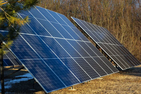 Close Planta Energia Fazenda Células Solares Eco Technology Landscape Painéis — Fotografia de Stock