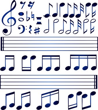 Saydam arka plan üzerinde izole çeşitli siyah müzik notu simge kümesi. Müzik tasarımı için vektör çizim. Melodi melodi sembolü desen. Anahtar işareti koleksiyonu. Sesi öğesi sanat.
