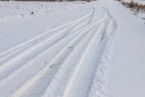 Снежная Дорога Поле Ведущая Сосновый Лес Зимняя Дорога Никуда Солнечный — стоковое фото