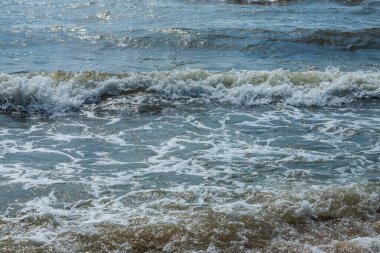 Sprey ve köpükle kıyıya yakın deniz dalgaları.