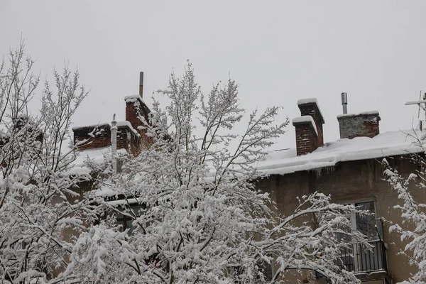 降雪中の郊外の住宅ビルのファサード 家の壁とバルコニーは雪で覆われている 寒い冬の日に雪に覆われた木の枝 — ストック写真