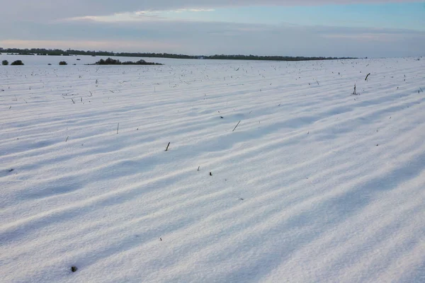 畑や牧草地の上に自然日の出 冬の雪上空の色 夕暮れ時の絵のように美しい空の下の風景 太陽の夜明け スカイライン ホライズン — ストック写真