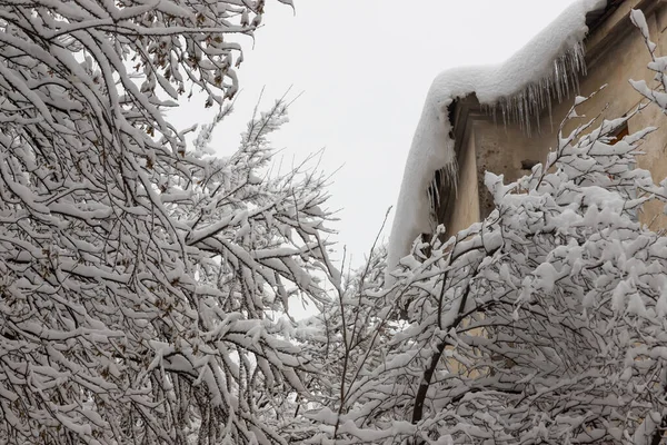 降雪期间郊区一座住宅建筑的立面 房子和阳台的墙壁上覆盖着雪 寒冷的冬日 树枝被雪覆盖 — 图库照片