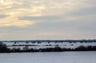 Saha ya da çayır üzerinde gün batımı. Kış karlı zemin üzerindeki gökyüzünün rengi. Gün batımında resim gibi bir gökyüzünün altındaki manzara. Güneşin doğuşu. Skyline, Horizon.