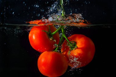 Suya düşen taze kırmızı domates. Su sıçraması ve siyah arka planda izole edilmiş hava kabarcıkları..