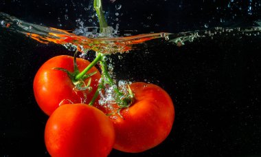 Suya düşen taze kırmızı domates. Su sıçraması ve siyah arka planda izole edilmiş hava kabarcıkları..