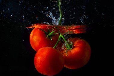 Suya düşen taze kırmızı domates. Su sıçraması ve siyah arka planda izole edilmiş hava kabarcıkları..