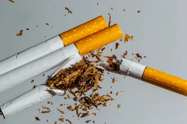 Broken cigarette fly in air on a light background. Conception of combating smoking.