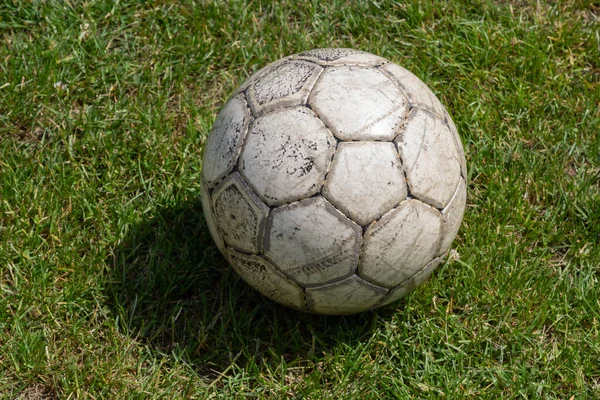 Soccer ball on green grass of football field with copy space.