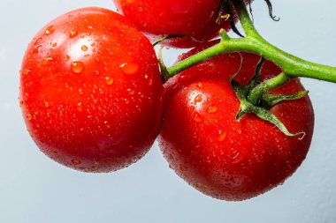 Yeşil kesimli kırmızı domatesler ve yıkandıktan sonra hafif arkaplanda su damlaları..