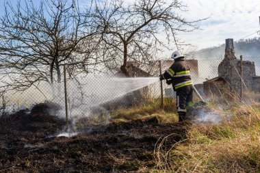 spring fire, burning dry grass near buildings in the countryside. Firefighter extinguishes the flame. Environmental disaster.