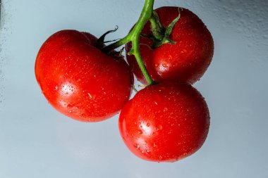 Yeşil kesimli kırmızı domatesler ve yıkandıktan sonra hafif arkaplanda su damlaları..