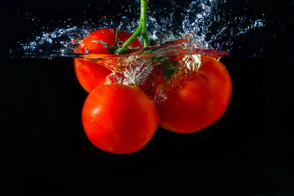 Suya düşen taze kırmızı domates. Su sıçraması ve siyah arka planda izole edilmiş hava kabarcıkları..