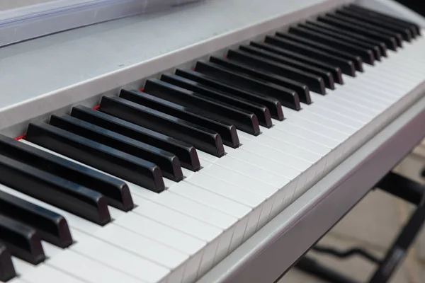 close-up of piano keys. close frontal view, black and white piano keys, viewed from above.