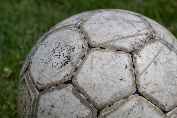 Soccer ball on green grass of football field with copy space.