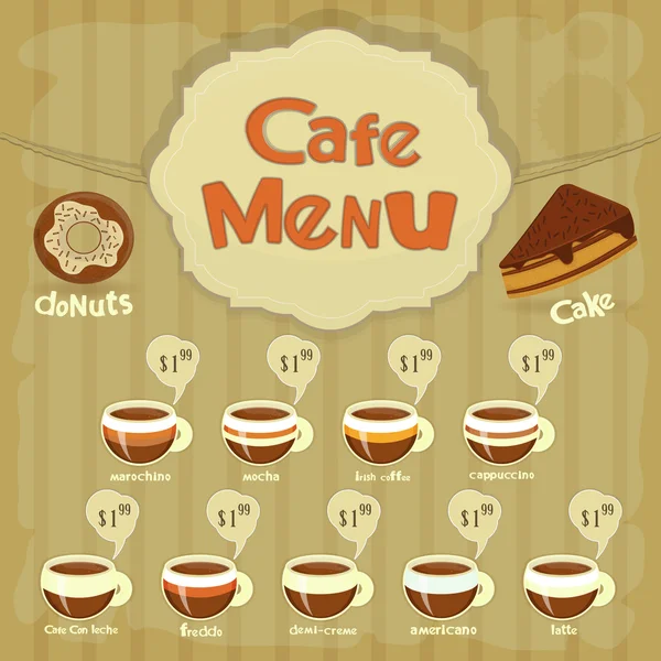 Kahve türleri ile Cafe menü kartı — Stok Vektör