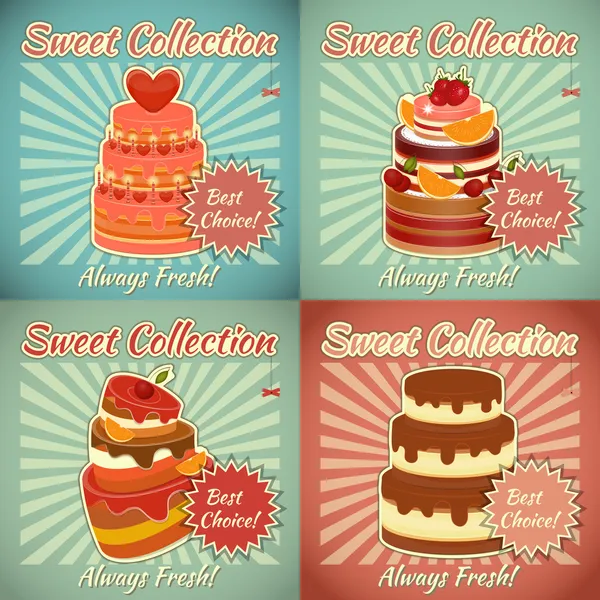 Set van retro kaarten met cake — Stockvector