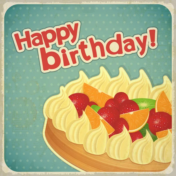 フルーツのケーキとヴィンテージの誕生日カード — ストックベクタ