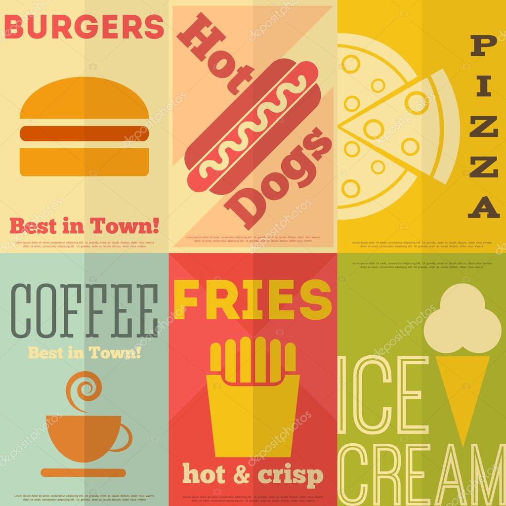 Retro Fast Food Posters Collection in Flat Design Style. Vector Illustration.
