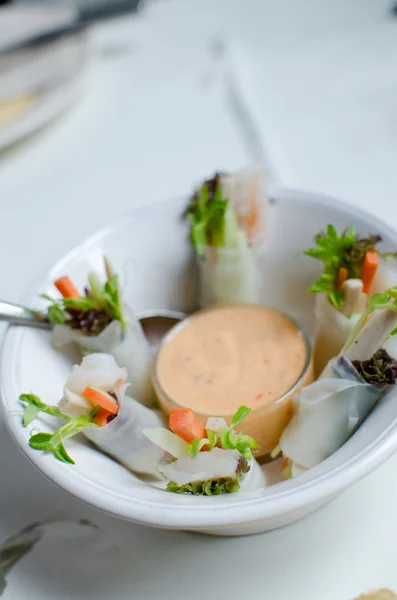 Fresh vegetables rolls with dipping sauce — Stock Photo, Image