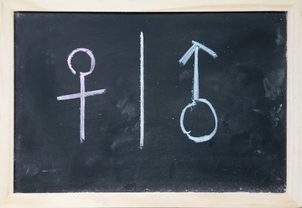 Vrouwen en mannen teken getekend met krijt op blackboard — Stockfoto