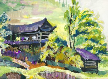 Çin kırsal manzara suluboya resim