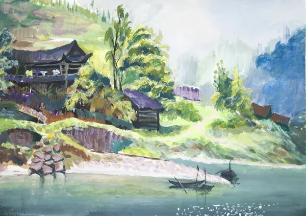 China rural landscape watercolor painting — Stock Photo, Image