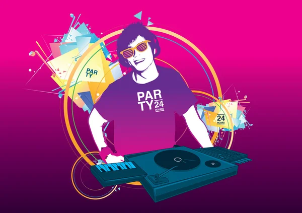 DJ playing turntable and music in the night party — Stock Vector