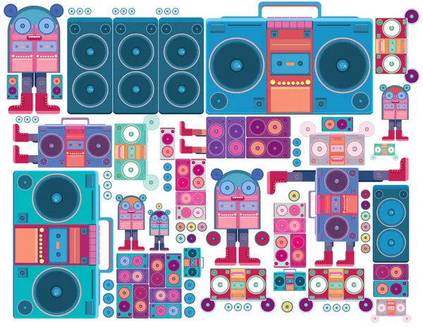 Robot boom box szalag zene — Stock Vector