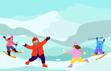 Vektör illüstrasyonu Kışın Kar Altında Oynayan Çocuklar