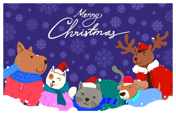 Tarjeta Felicitación Navidad Invierno Con Perros Gatos Renos — Vector de stock