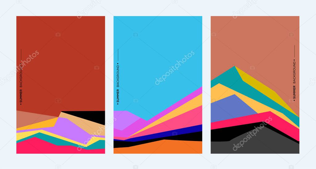 colorful abstract geometric lined shapes, triptych, copy space background