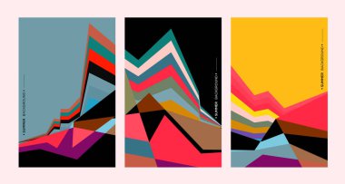 Üç parçalı yaratıcı kapak, renkli soyut sanat, geometrik şekiller 